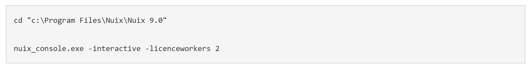 Run command: cd "c:\Program Files\Nuix\Nuix 9.0"  nuix_console.exe -interactive -licenceworkers 2